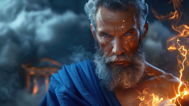 Supreme Deity: Zeus, Greek god of heavens, thunder and lightning, ruler of cosmos, chief of Olympian gods, equated with Jupiter in Roman mythology, embodying ultimate power, dominion over the world.