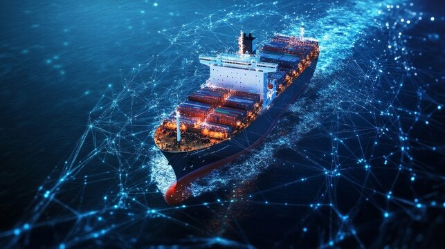 Secure maritime networks ensuring that cargo ships are protected from cyber threats, with secure GPS and communication systems.