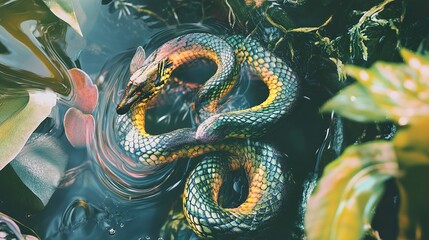 Fototapeta premium Serpentine Majesty: A Close-Up of a Green Snake in a Pond