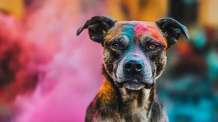 Holi color on dog face, animal cruelty concept