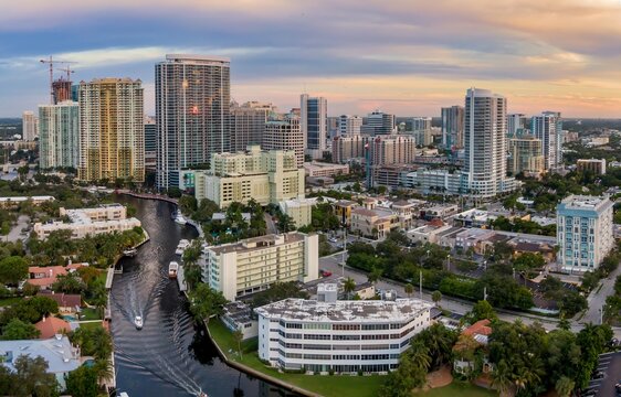 New River canal and the downtown city skyline of Fort Lauderdale, Florida, United States.