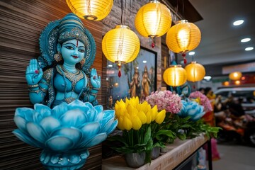 Fantasy Durga Puja festival with glowing decorations and floating lanterns, as devotees gather to witness the divine presence of the goddess
