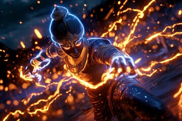 Fantasy depiction of Goddess Durga slaying Mahishasura, with glowing energy and a magical battlefield surrounding the divine figure