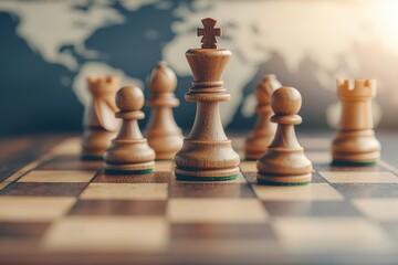 Chessboard with World Map Background Highlighting Strategy