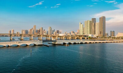 Fototapeta premium West Venetian Causeway Bridge in the Biscayne Bay and the downtown Miami waterfront, Florida, United States.