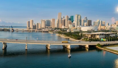 MacArthur Causeway crossing the Biscayne Bay and the downtown cityskyline of Miami, Florida, United...