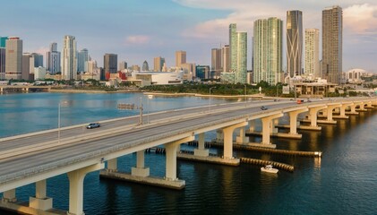 MacArthur Causeway crossing the Biscayne Bay and the downtown cityskyline of Miami, Florida, United...