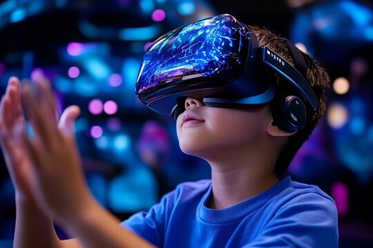 Futuristic playground where children use virtual reality to explore different worlds, representing tomorrowâ€™s generationâ€™s interaction with immersive technology