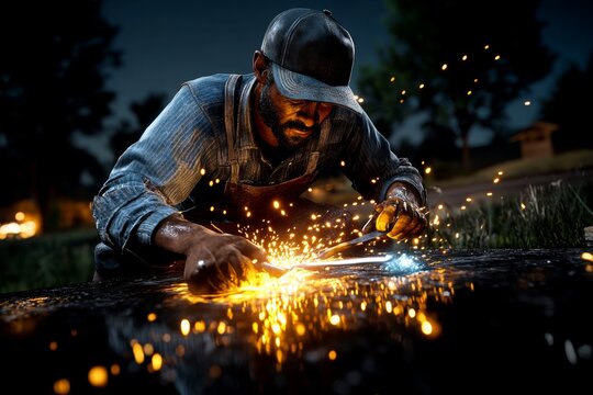 Hyper-realistic scene of a rural blacksmith working in a forge, with every detail of the glowing metal, sweat, and craftsmanship on display