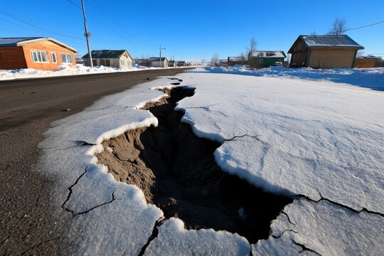 Melting permafrost causing buildings to sink in a rural village, with cracks forming in the ground, symbolizing the devastating effects of global warming on infrastructure