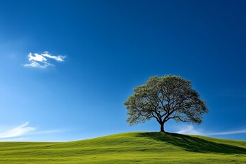 Obraz premium Minimalist depiction of a sunny day in nature, with simple lines and soft colors representing a clear sky and a lone tree