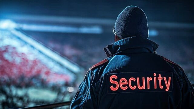 Security guard in front of a sports stadium, with the word "Security" clearly visible.