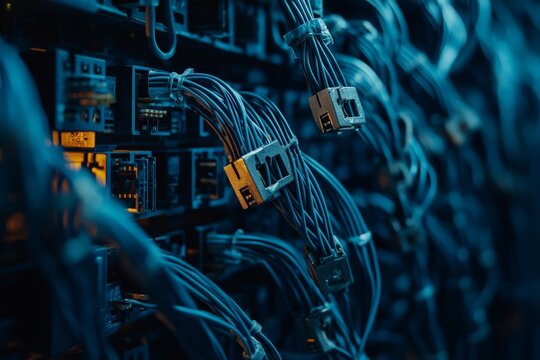 Visual of a secure server connection, with encryption locks over network cables and secure data transmissions.