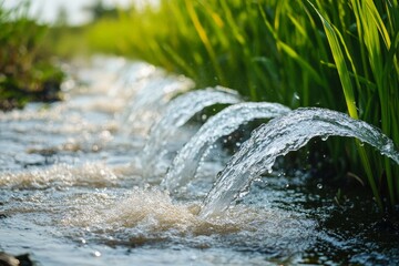 Fototapeta premium Water reuse technologies in agriculture, where treated water from urban areas is recycled for crop irrigation, reducing freshwater demand.