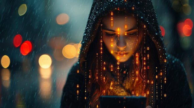 Woman With Glowing Binary Code On Face In Rainy Cyberpunk City At Night,. Futuristic Concept.
