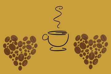 illustration of a Coffee cup with an assortment of coffee beans in the shape of a heart.