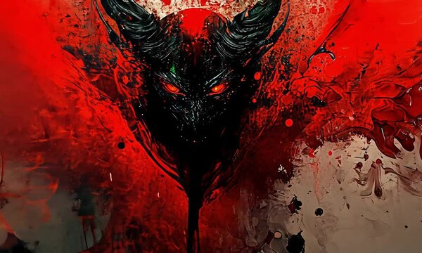 Demonic figure emerging from red splatter art with ai generated.
