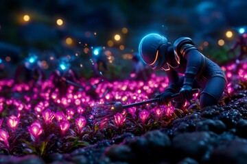 Fototapeta premium Rural villagers working with magical tools to harvest glowing crops, with ethereal light shining through the fields and mystical creatures helping in the work