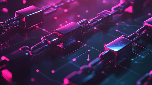 Blockchain used in cybersecurity, with data being securely verified and stored in blocks, creating an unbreakable chain of protection.