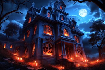 Obraz premium A decrepit mansion at the top of a hill, with flickering candles visible through broken windows, surrounded by dark trees and a full moon