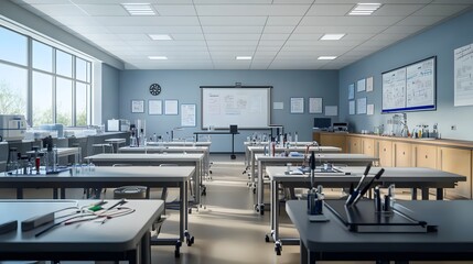Empty Chemistry Classroom with Lab Tables and Equipment