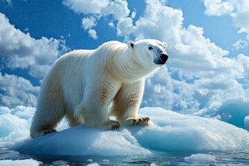 Watercolor painting of a polar bear standing on a melting ice floe, with soft brushstrokes capturing the vulnerability of wildlife in the face of global warming