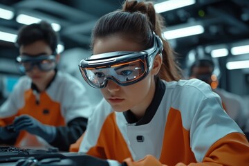 Young scientists in a futuristic lab working on sustainable energy, representing tomorrowâ€™s generation finding solutions for global challenges