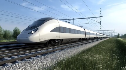 Fototapeta premium A Sleek and Modern High-Speed Train, Exemplifying Cutting-Edge Technology and Innovative Design. This Dynamic Image Highlights the Train's Streamlined Shape and Futuristic Features, 