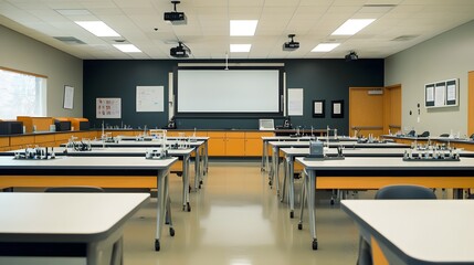 Empty Science Classroom with Lab Tables and Equipment