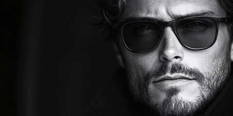 black and white portrait of a handsome man in sunglasses looking off to the side