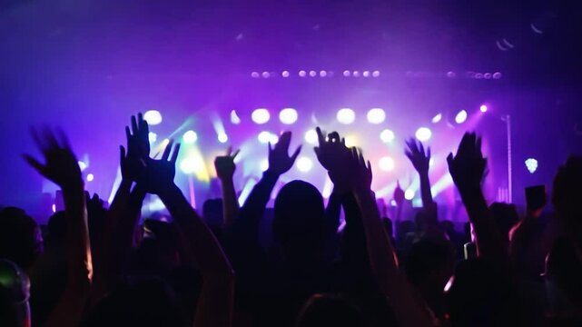 Crowd cheering and raising arms during live music event