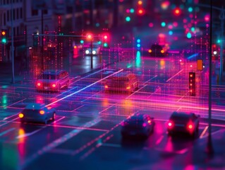 Obraz premium Cybersecurity in a smart city visualized by encrypted data flows between city sensors, traffic lights, and public services.