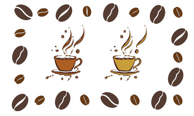 Coffee cups surrounded by coffee beans illustration