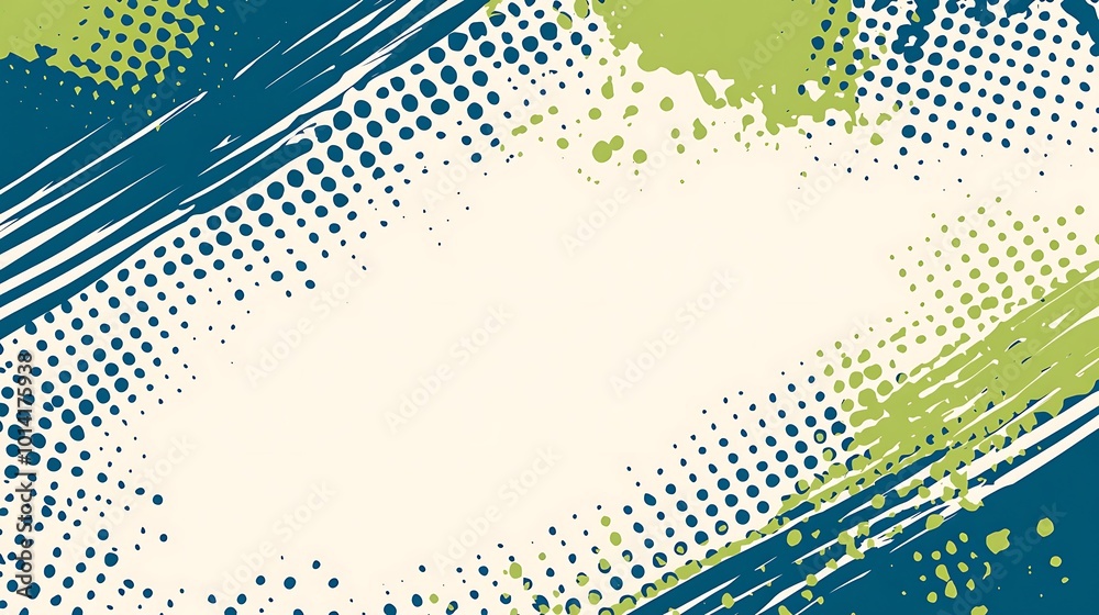 Poster abstract background with green and blue brush strokes and halftone dots.