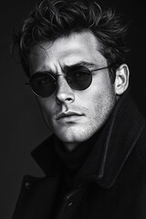 Fototapeta premium black and white portrait of a man wearing sunglasses and a coat