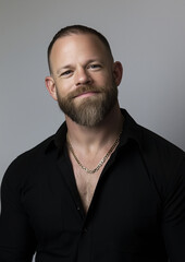 Obraz premium portrait of a handsome male model, early thirties, with a medium length beard, short hairstyle, black shirt unbottoned with gold chain, medium gray background
