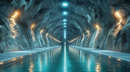 Underground tunnel with water and ambient lighting.