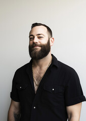 Obraz premium portrait of a handsome male model with a medium length beard, short hairstyle, black shirt unbottoned with gold chain, light gray background