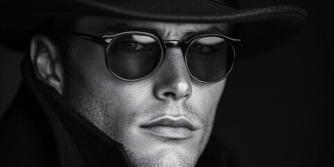 Obraz premium black and white portrait of man in fedora and sunglasses looking intensely