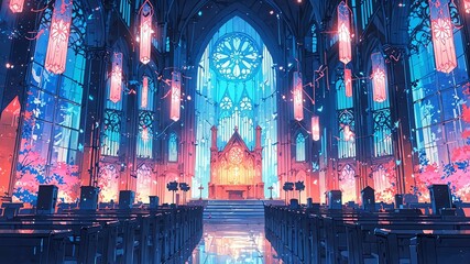 Naklejka premium Aesthetic pastel colored anime style cathedral interior with a pinch of neon lit background