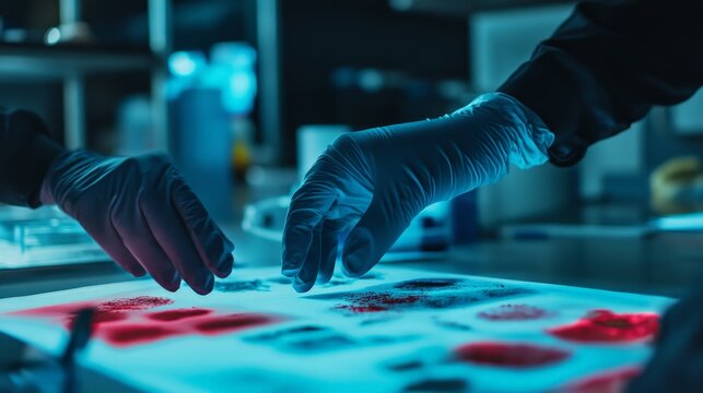 Forensic biology visualized by a crime scene investigator collecting biological evidence, such as fingerprints or blood samples.
