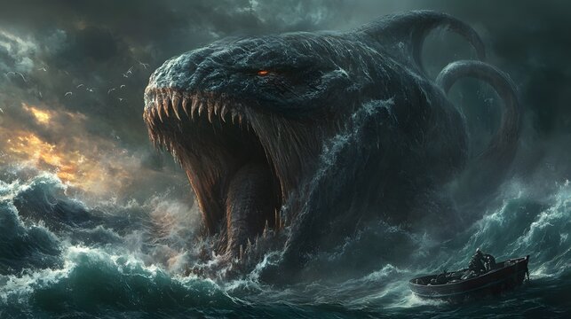 A colossal sea monster rising from the depths of a dark and turbulent ocean