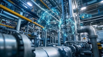 Industrial cybersecurity solutions protecting a large manufacturing plant, with encrypted communication between industrial systems.