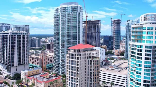 aerial drone footage of downtown st. petersburg florida cityscape skyline
