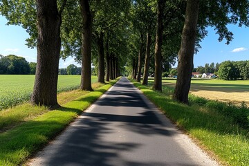 Obraz premium A narrow country lane lined with trees, leading through a rural landscape of fields and meadows, with a small village in the distance