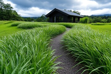 A narrow path winding through tall grasses, leading to a small, secluded cottage, representing the quiet solitude of rural living
