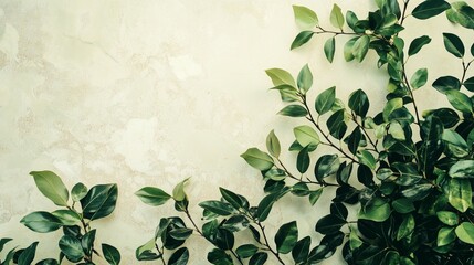 Lush green leaves arranged marble background natural botanical elements texture pattern composition. AI generated