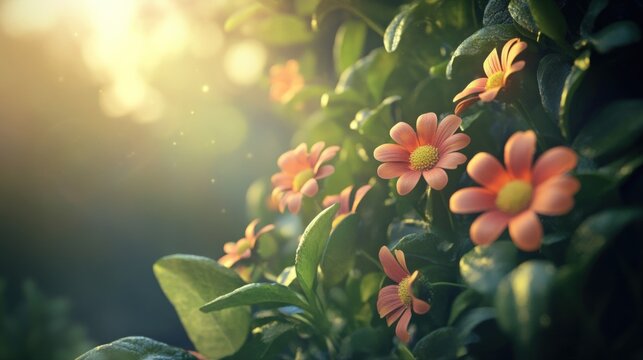 Close up of pink flowers in a bush with sunlight shining through the leaves. - Powered by Adobe