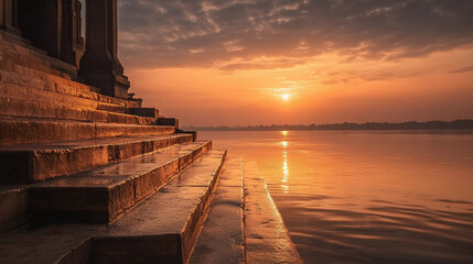 Beautiful sunrise view of varanasi ghat with people