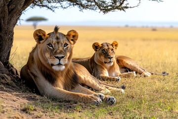 Naklejka premium A pride of lions resting in the shade of an acacia tree, with the golden savannah stretching out endlessly around them, symbolizing the untamed beauty of Africaâ€™s savannahs
